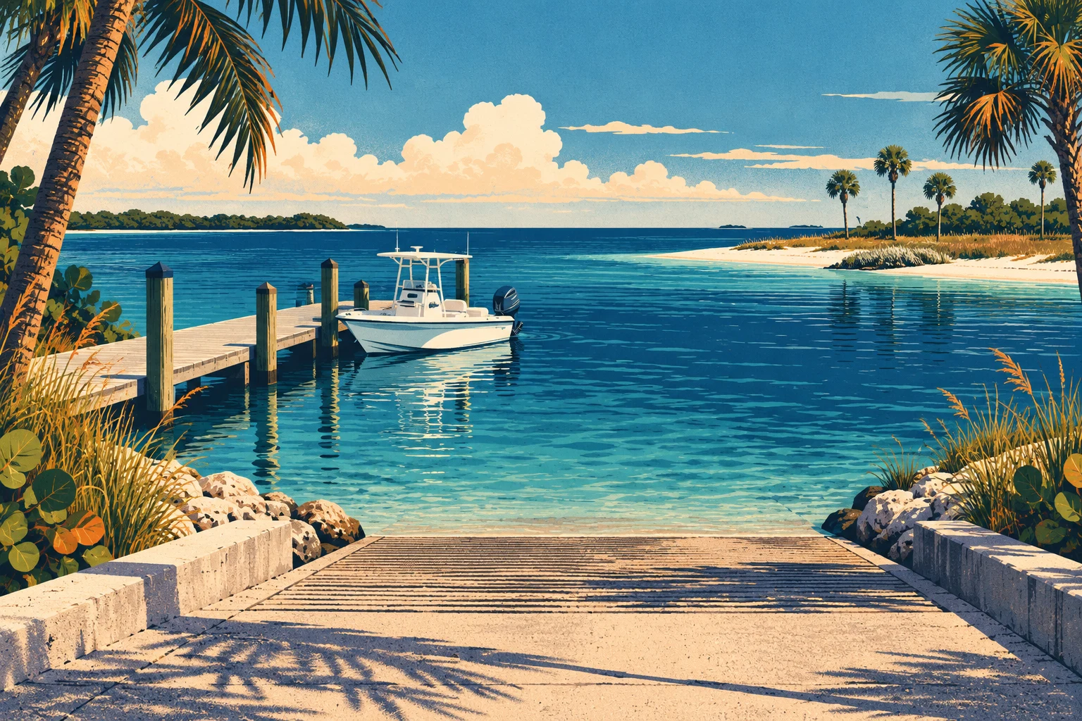 Illustration of a boat beside a Florida-style waterfront launch